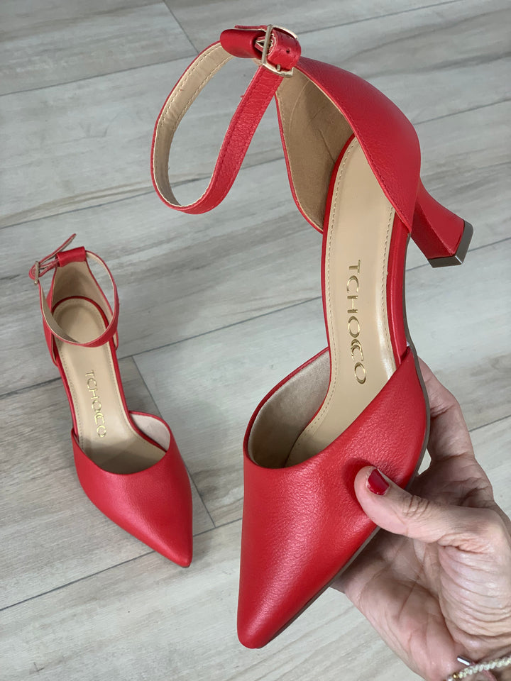 Tchocco Red Buckle Strap Classic Heels