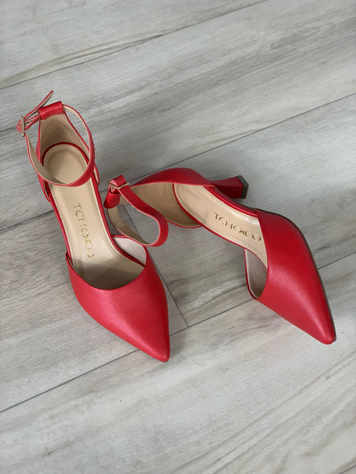 Tchocco Red Buckle Strap Classic Heels