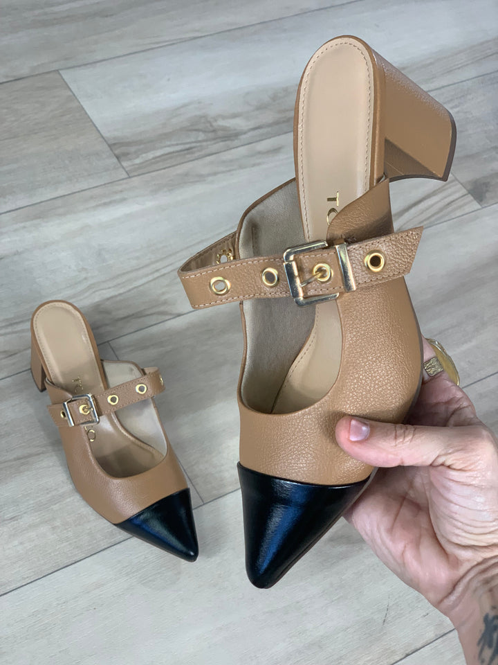 Tchocco Black Camel Heel Mules