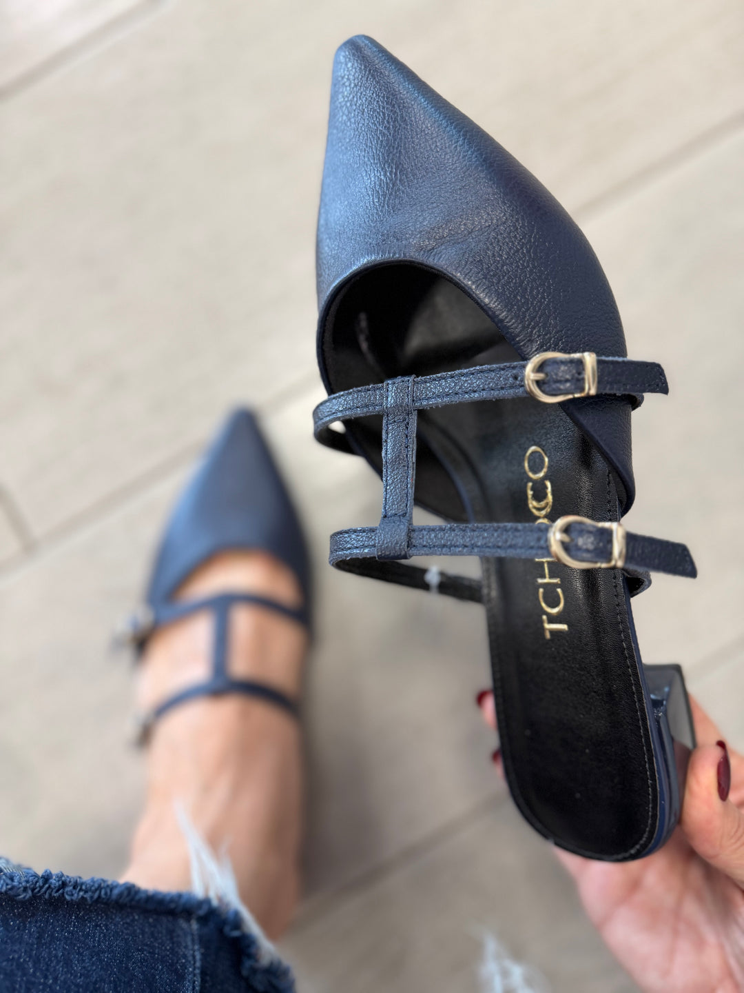 Tchocco Navy Strappy Mules
