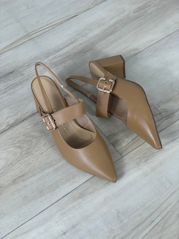 Tchocco Camel Buckle Block Heels