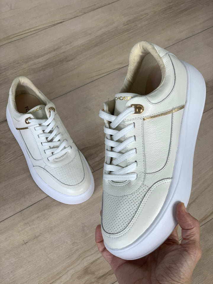 Tchocco White/Gold Leather Sneakers