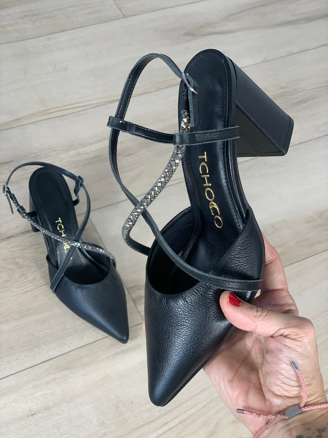 Tchocco 3" Black Rhinestones Block Heels