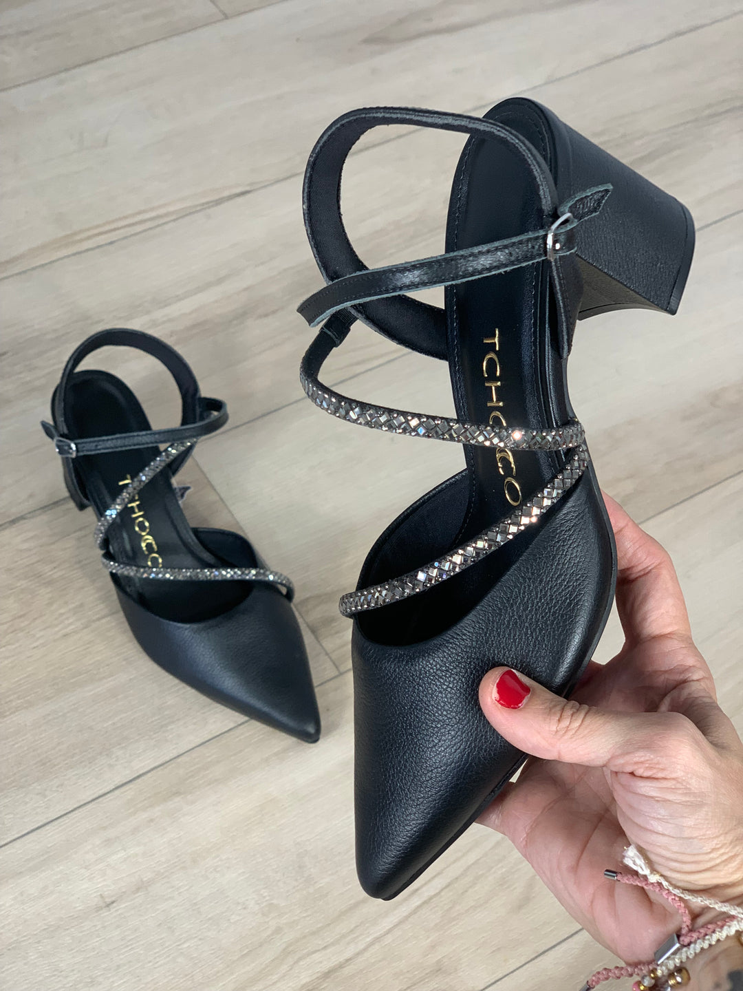 Tchocco Preto Rhinestones Block Heels