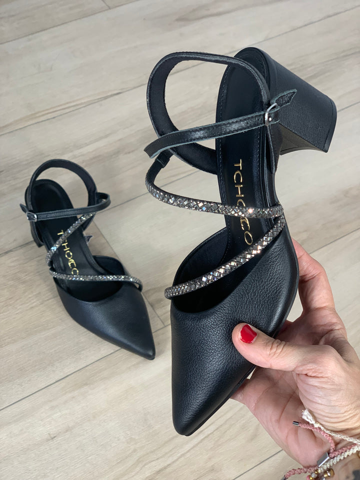 Tchocco Preto Rhinestones Block Heels