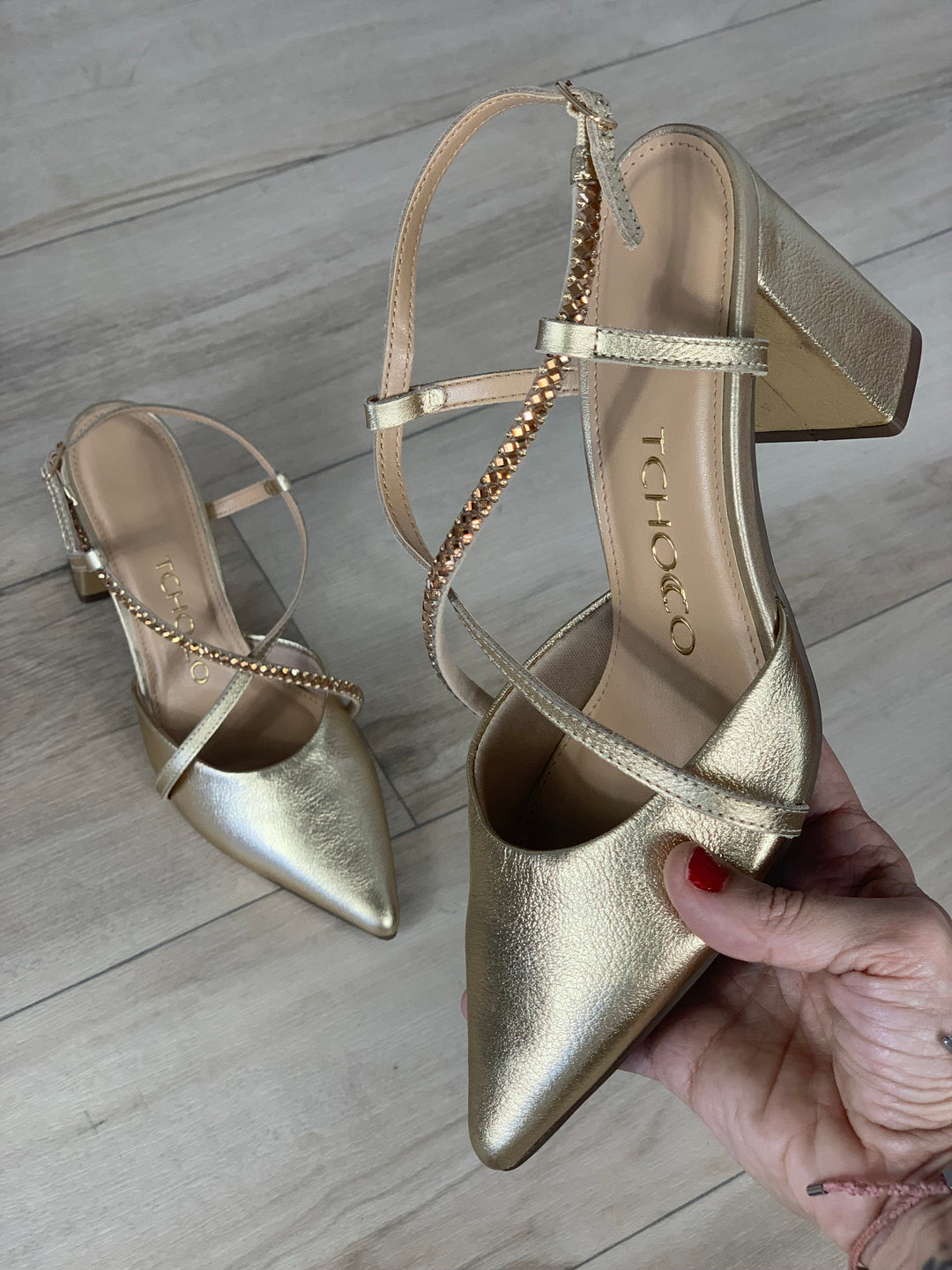 Tchocco 3" Gold Rhinestones Block Heels