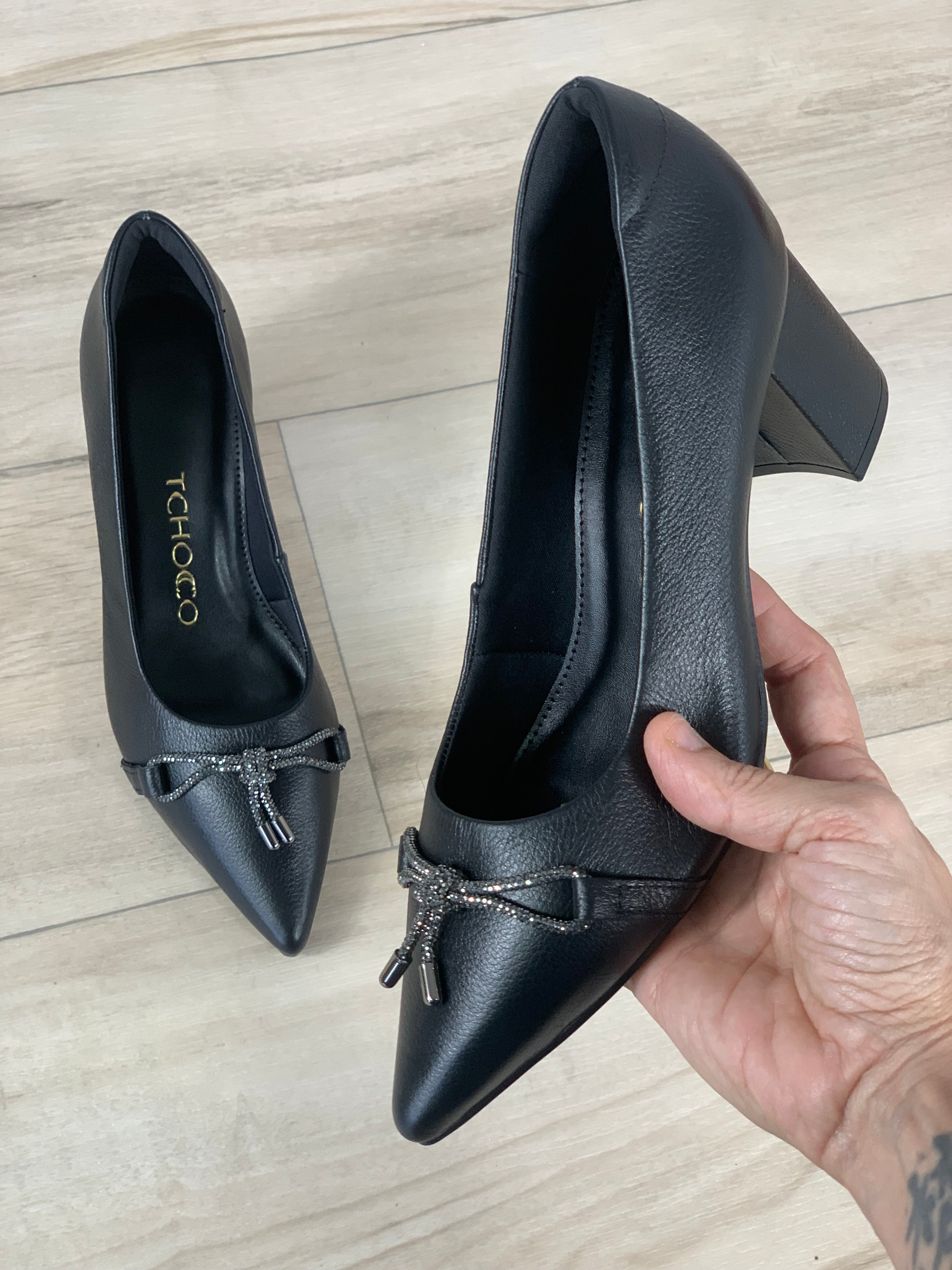 Tchocco Black Bow Block Heels