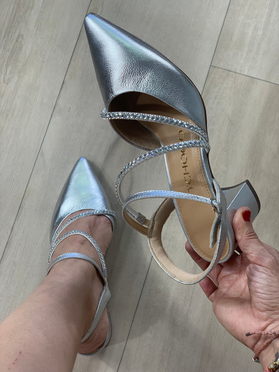 Tchocco Silver Rhinestones Block Heels