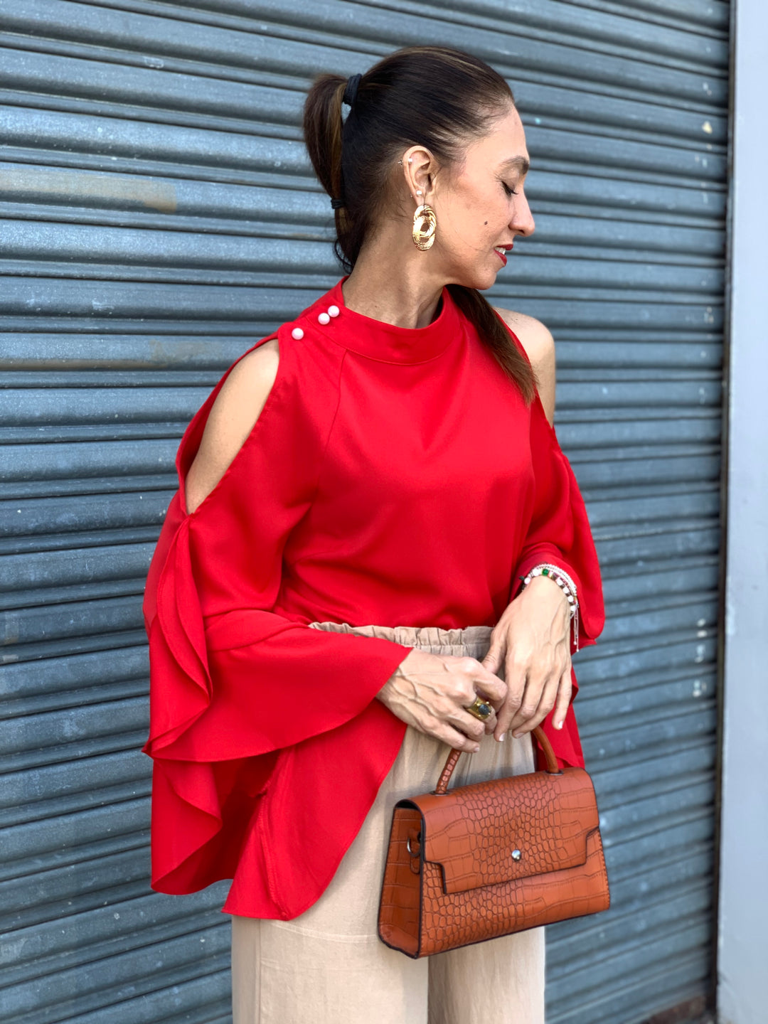Red Ruffled Bell Sleeves Top