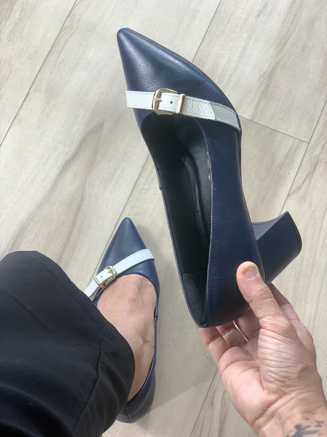 Tchocco Navy/White Buckle Block Heels