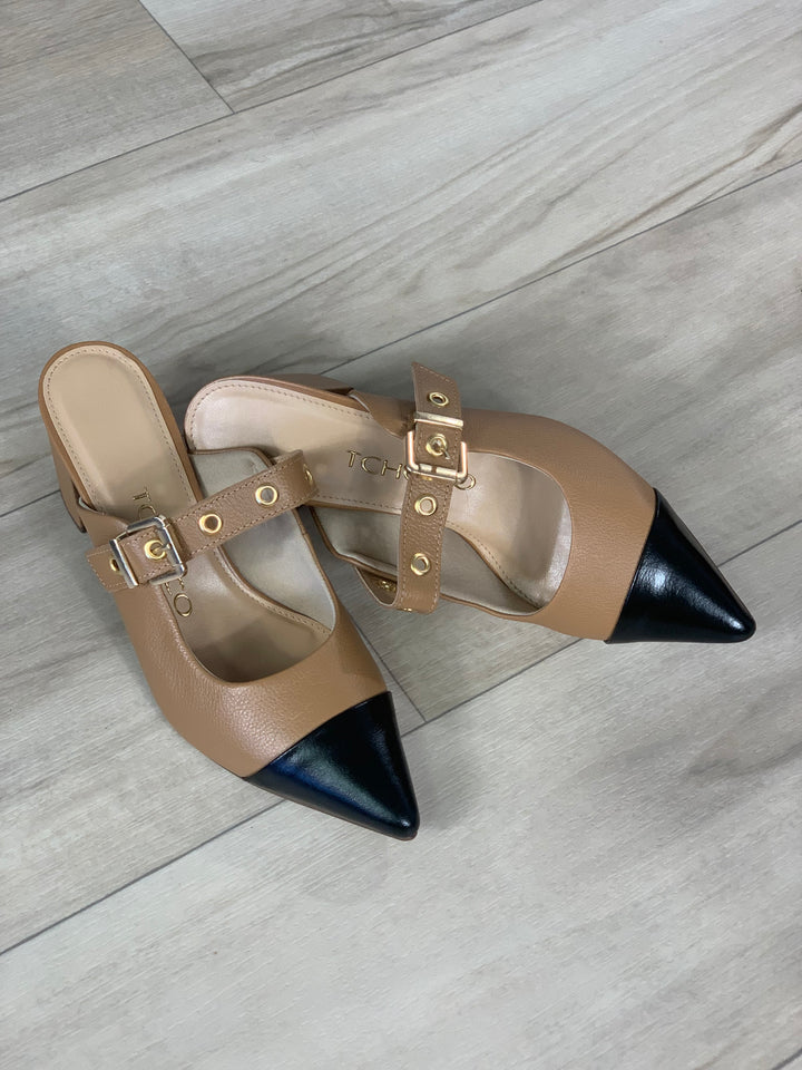 Tchocco Black Camel Heel Mules