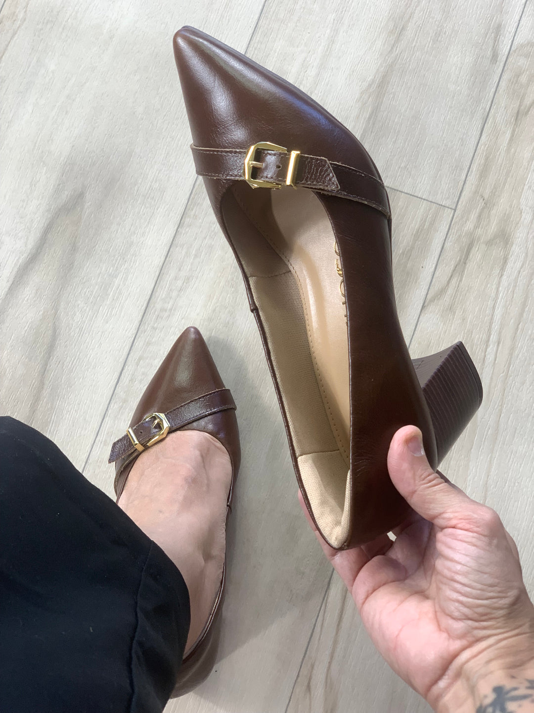 Tchocco Café Buckle Block Heels