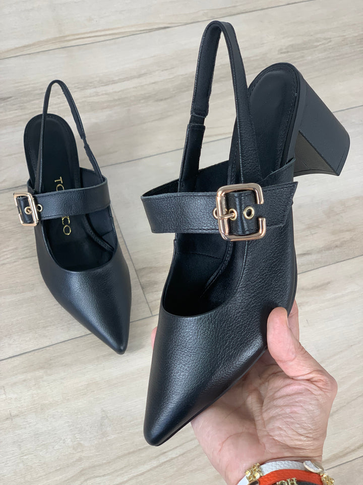 Tchocco Black Buckle Block Heels