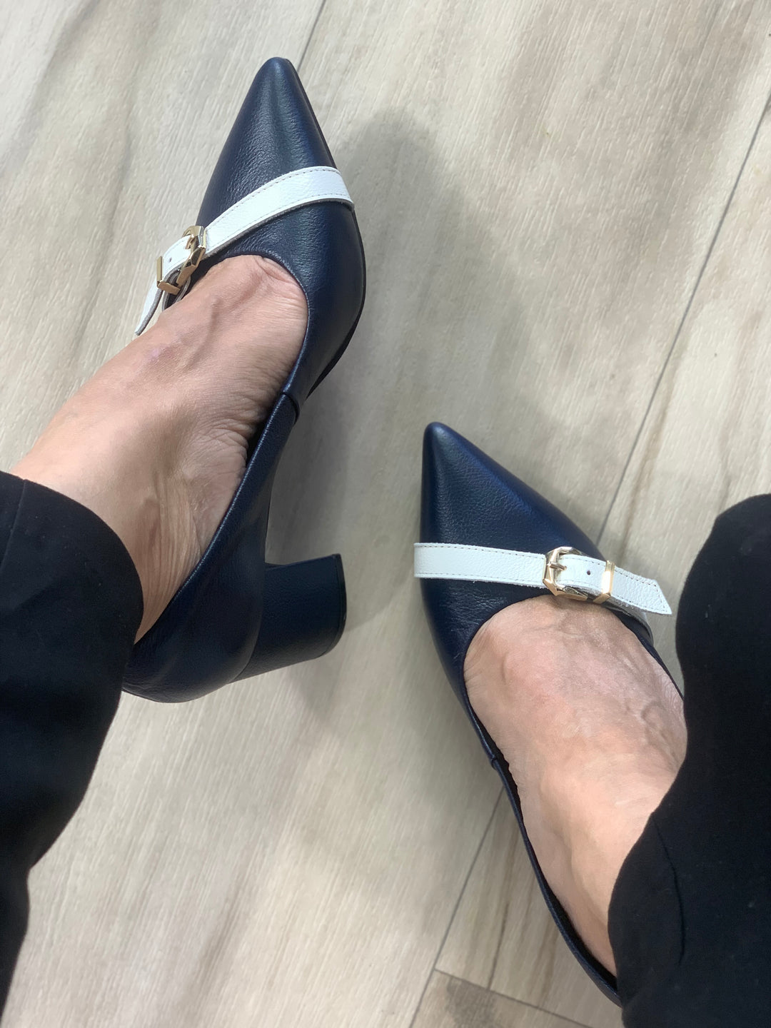 Tchocco Navy/White Buckle Block Heels