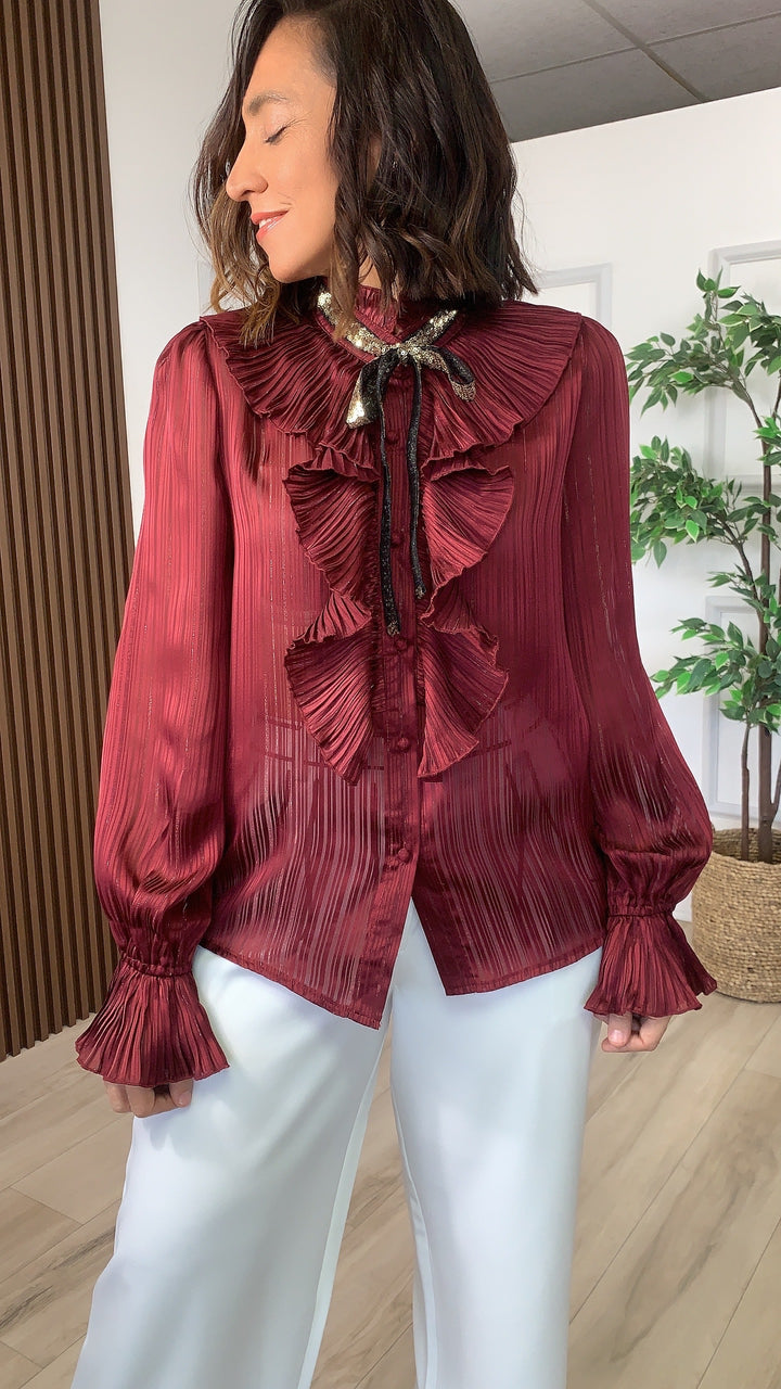 Burgundy Bow Tie Blouse
