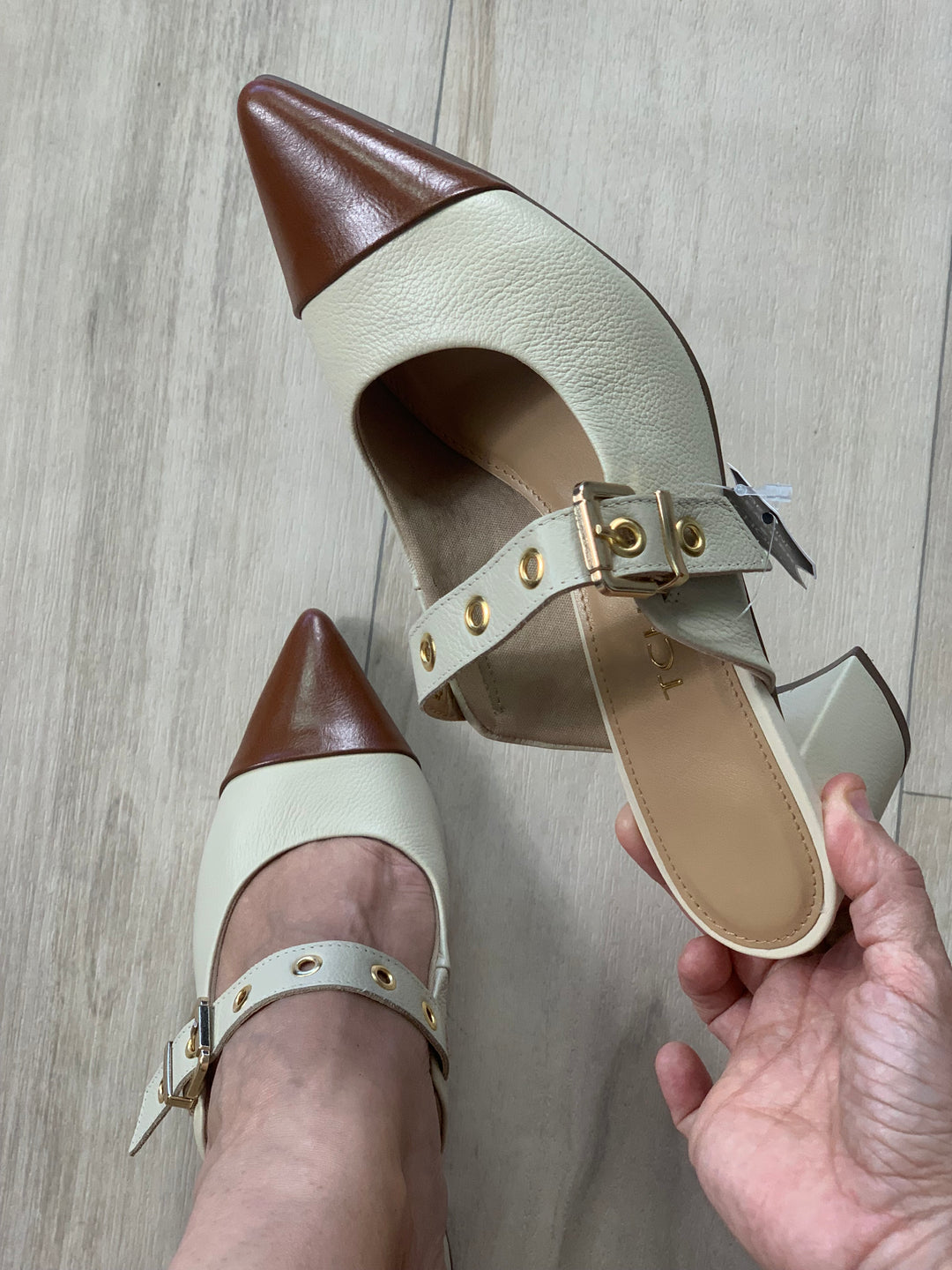 Tchocco Creme Camel Heel Mules