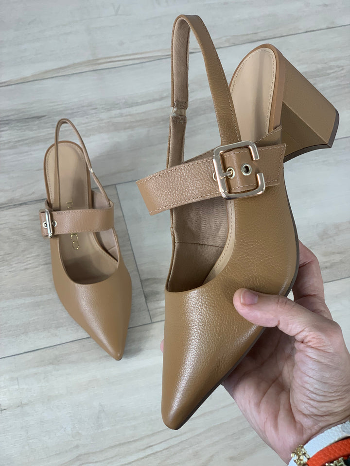 Tchocco Camel Buckle Block Heels