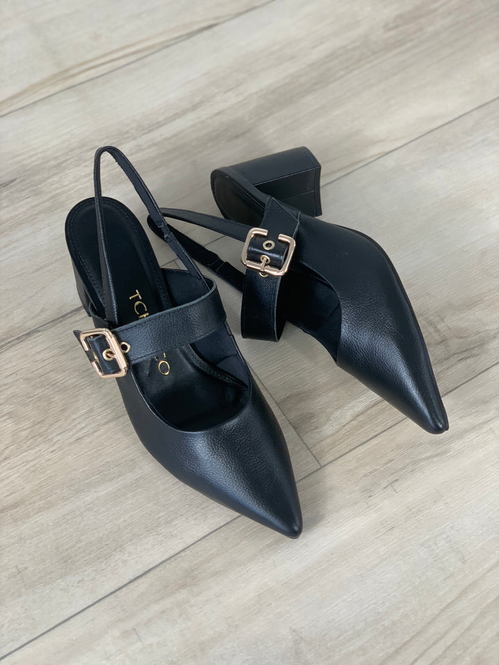 Tchocco Black Buckle Block Heels