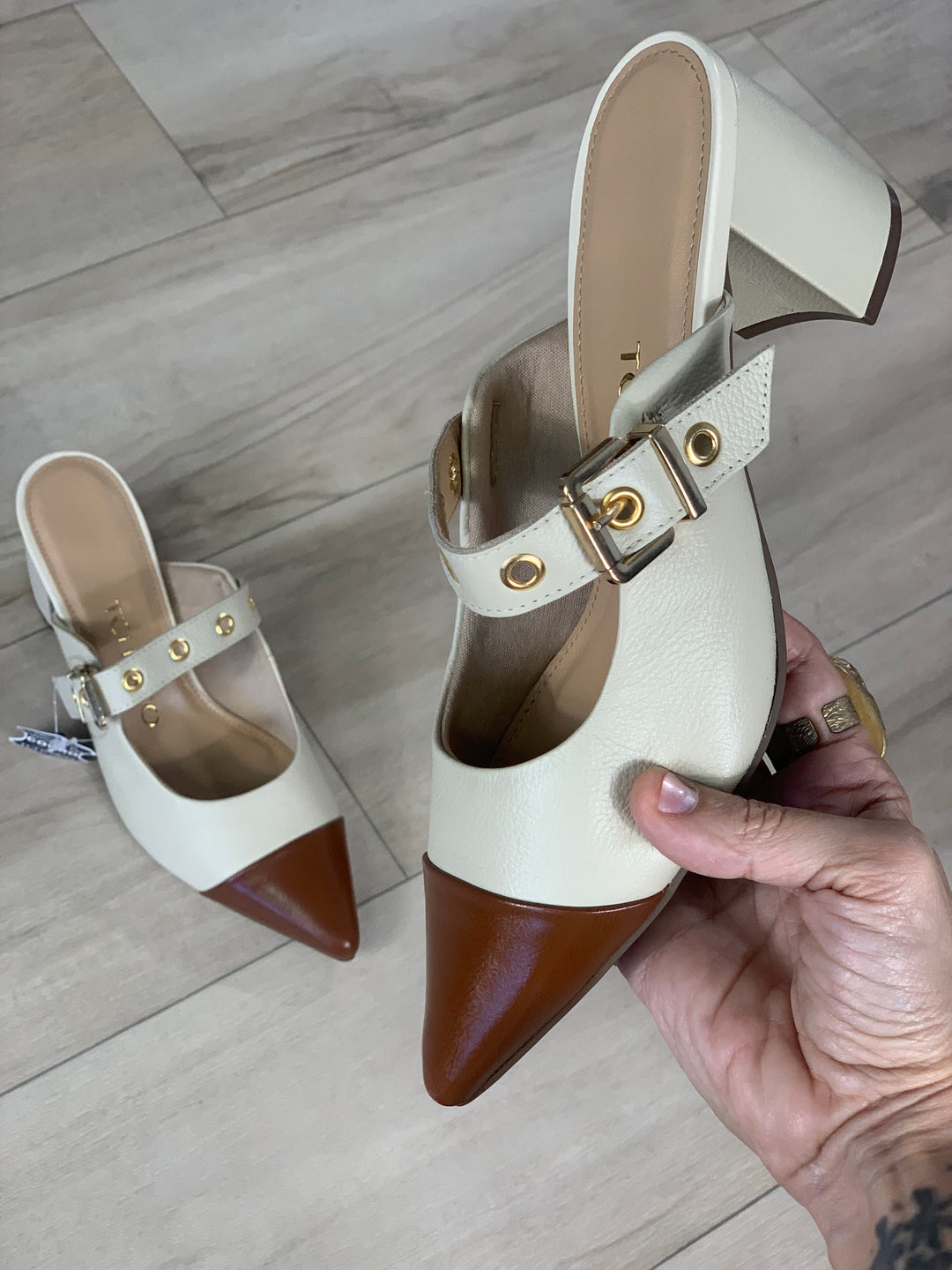 Tchocco Creme Camel Heel Mules