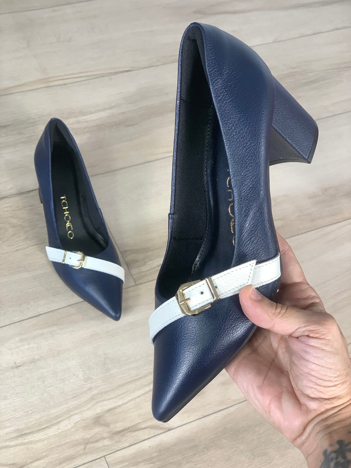 Tchocco Navy/White Buckle Block Heels