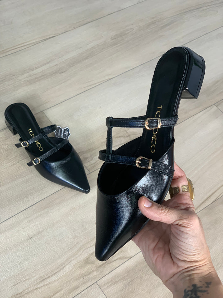 Tchocco Black Strappy Mules