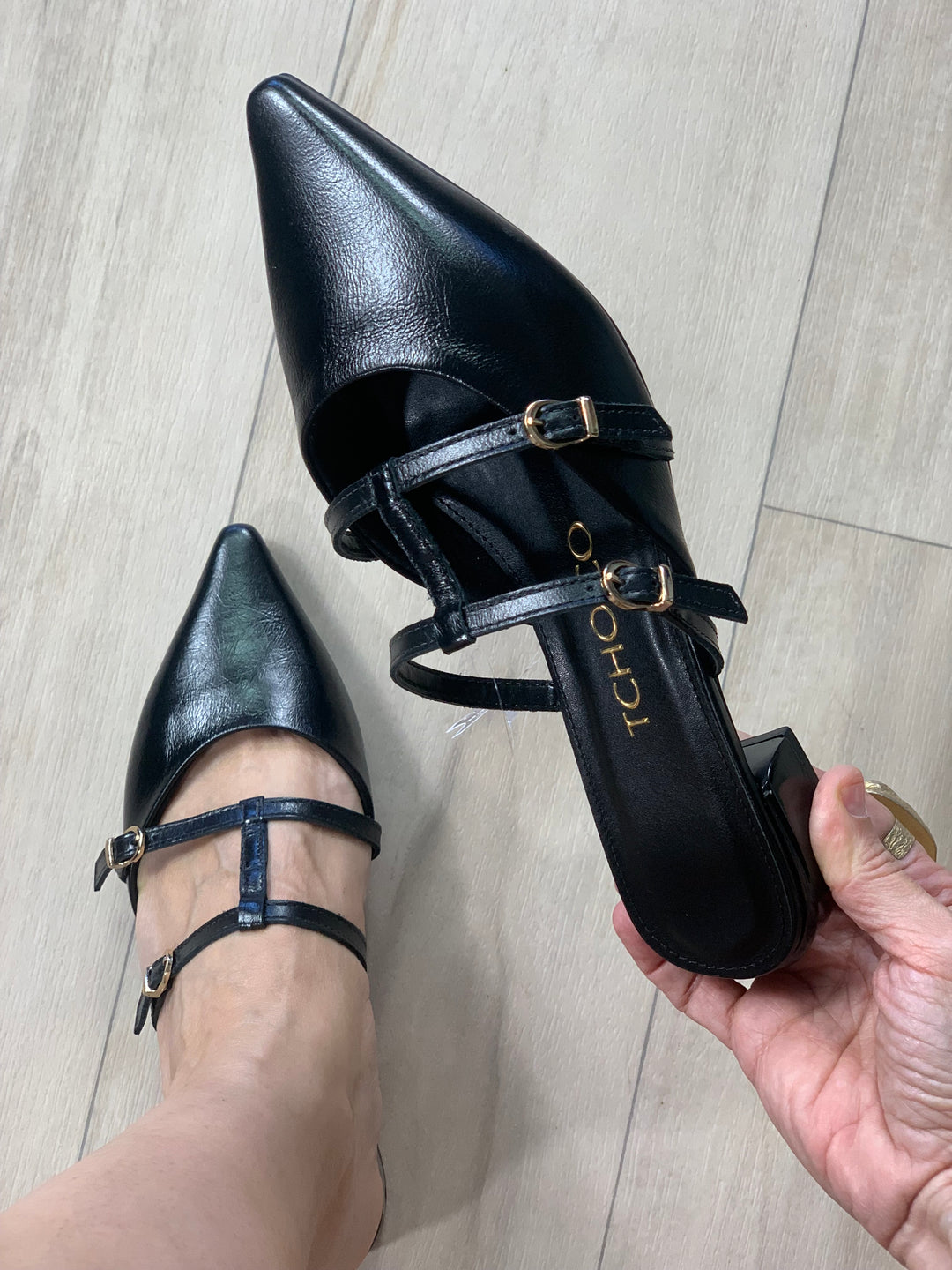 Tchocco Black Strappy Mules