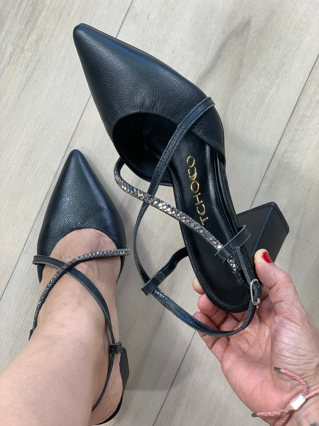 Tchocco 3" Black Rhinestones Block Heels