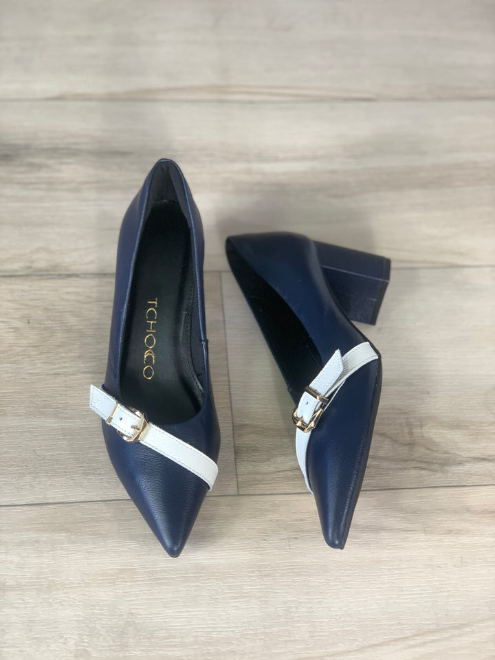 Tchocco Navy/White Buckle Block Heels