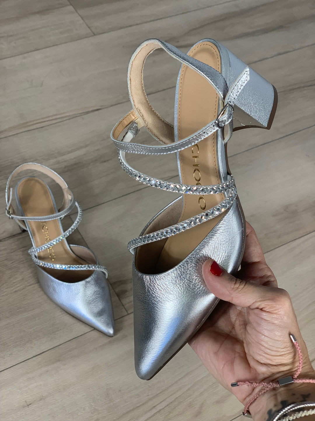 Tchocco Silver Rhinestones Block Heels