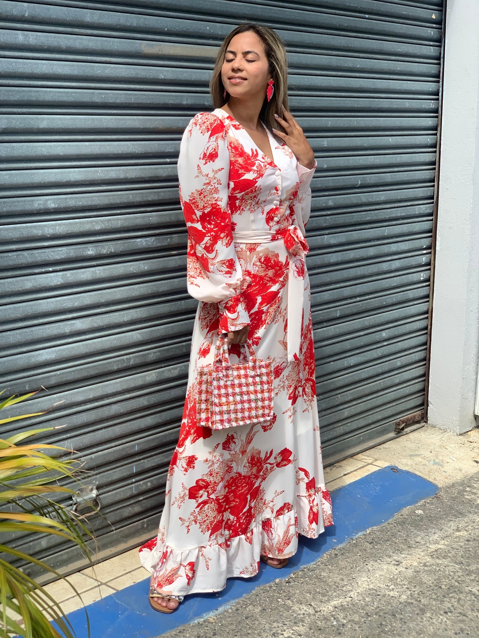 Red floral print 2025 kimono maxi dress