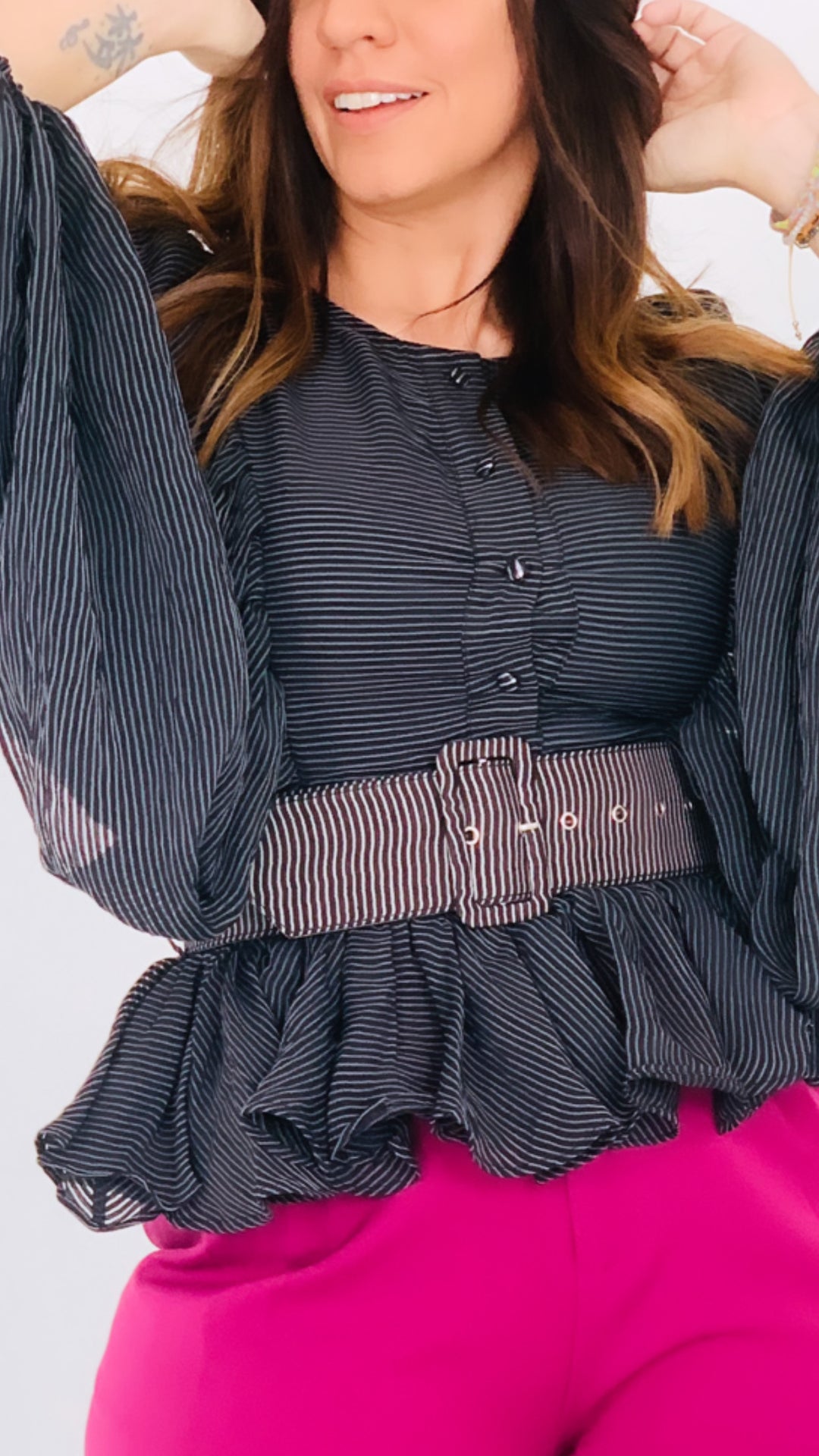 Black Woven Blouse with belt